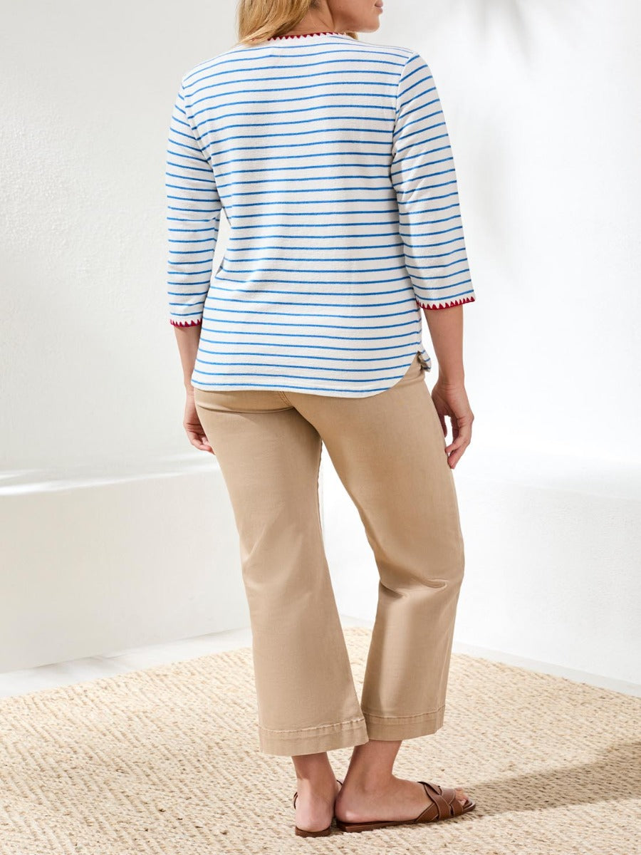 Back view of a person wearing a white and blue striped top with red trim and beige cropped pants with sandals.