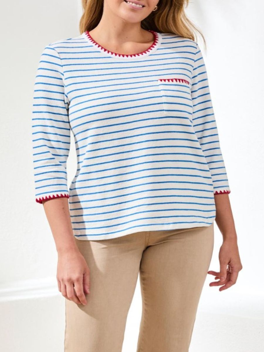 Tribal Striped Cotton Crewneck Top by Tribal Sportswear Inc. in white with blue stripes and red trim accents
