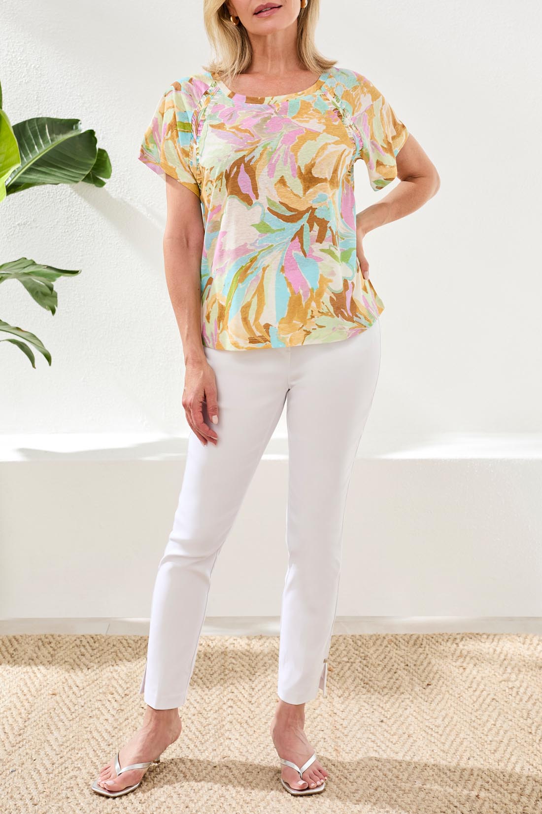 Tribal Boho Bloom Linen Short Sleeve Top by Tribal Sportswear Inc. with multicolor floral print and relaxed fit.