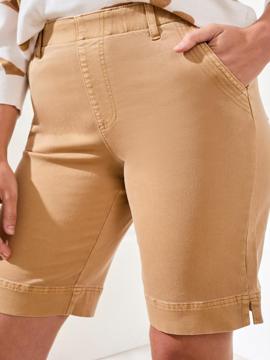 Close-up of tan-colored Tribal Essential 11" Pull-On Comfort Bermuda Shorts by Tribal Sportswear Inc.