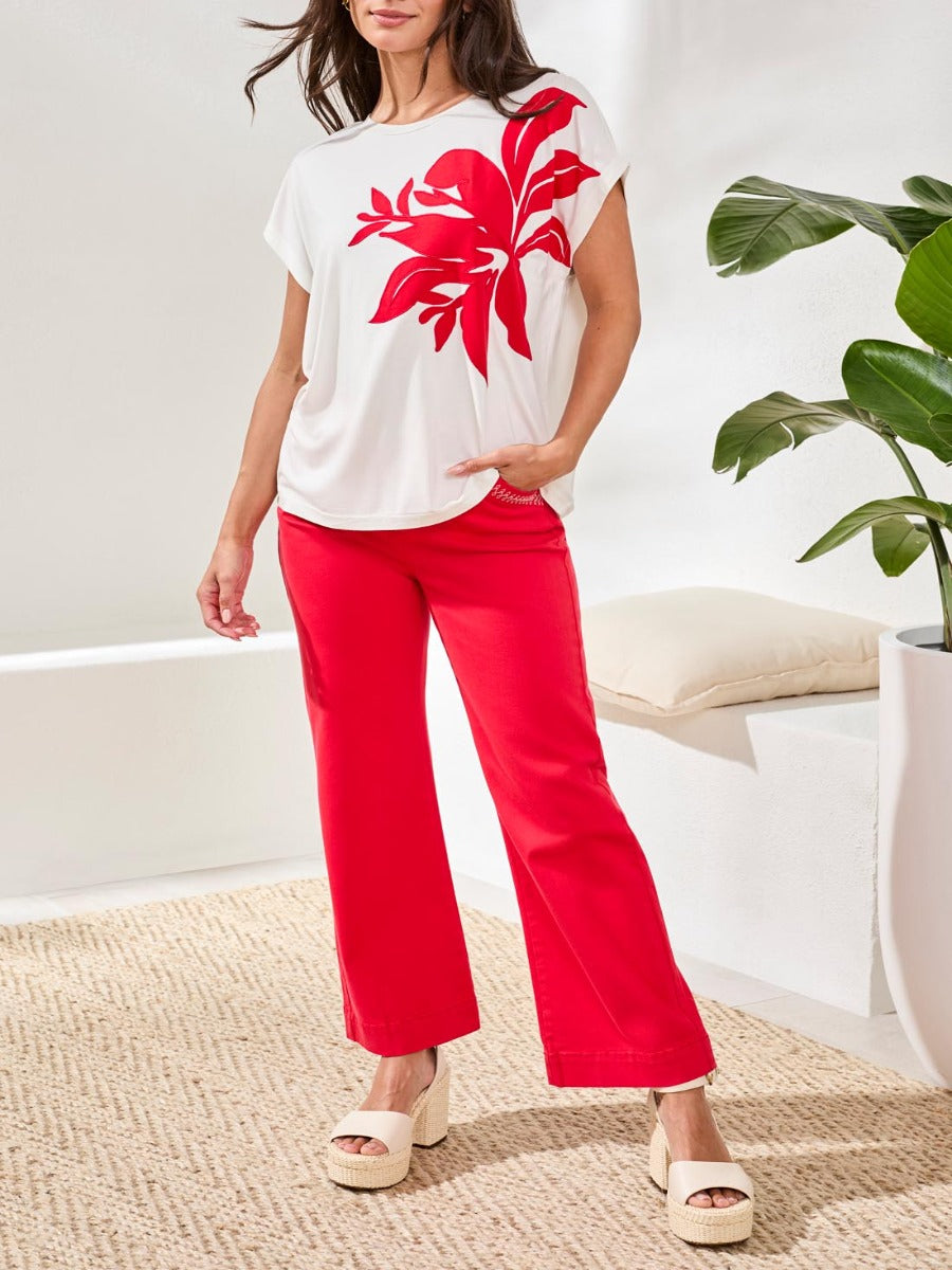 Tribal Playful Applique Short-Sleeve Top by Tribal Sportswear Inc., white with bold red floral applique design.