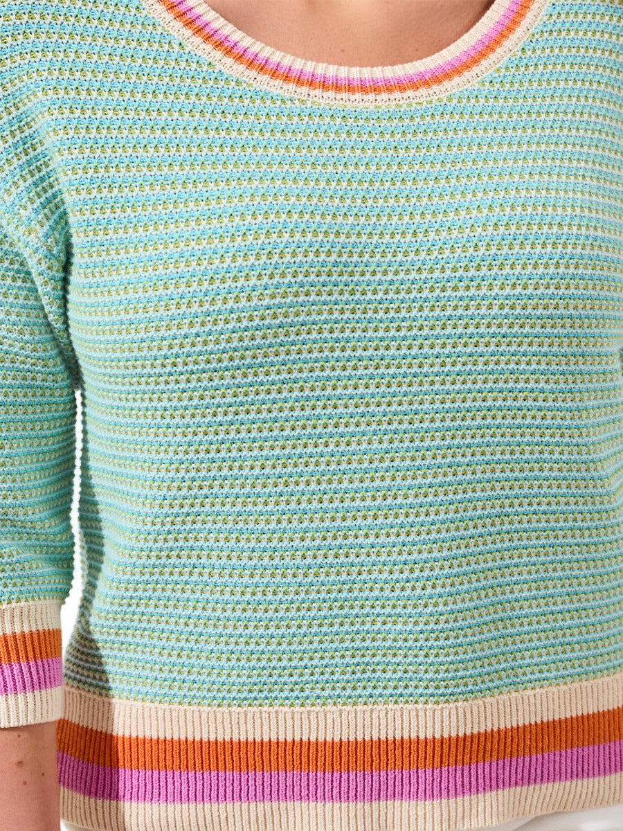 Tribal Boho Bloom Striped Cotton Crewneck Top in pastel mint with pink and orange accents by Tribal Sportswear Inc.