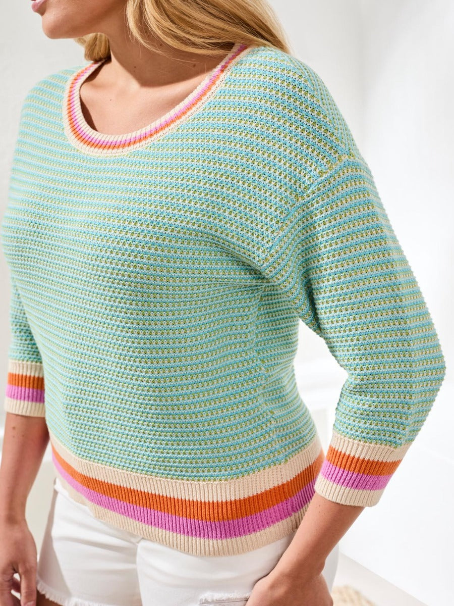 Tribal Boho Bloom Striped Cotton Crewneck Top in pastel mint with orange, pink stripes by Tribal Sportswear Inc.