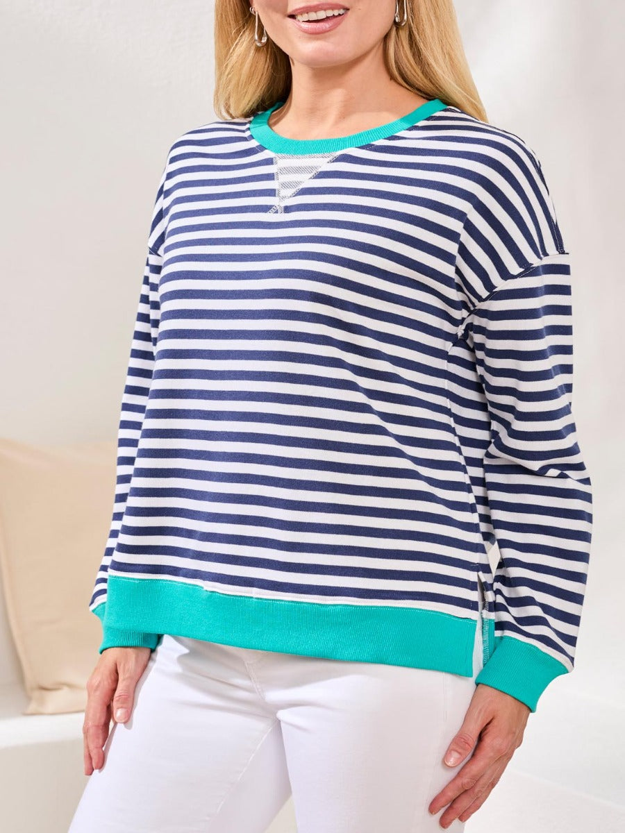 Tribal Freed Classic Stripe Crew Sweater by Tribal Sportswear Inc. with navy and white stripes and teal trim sweater