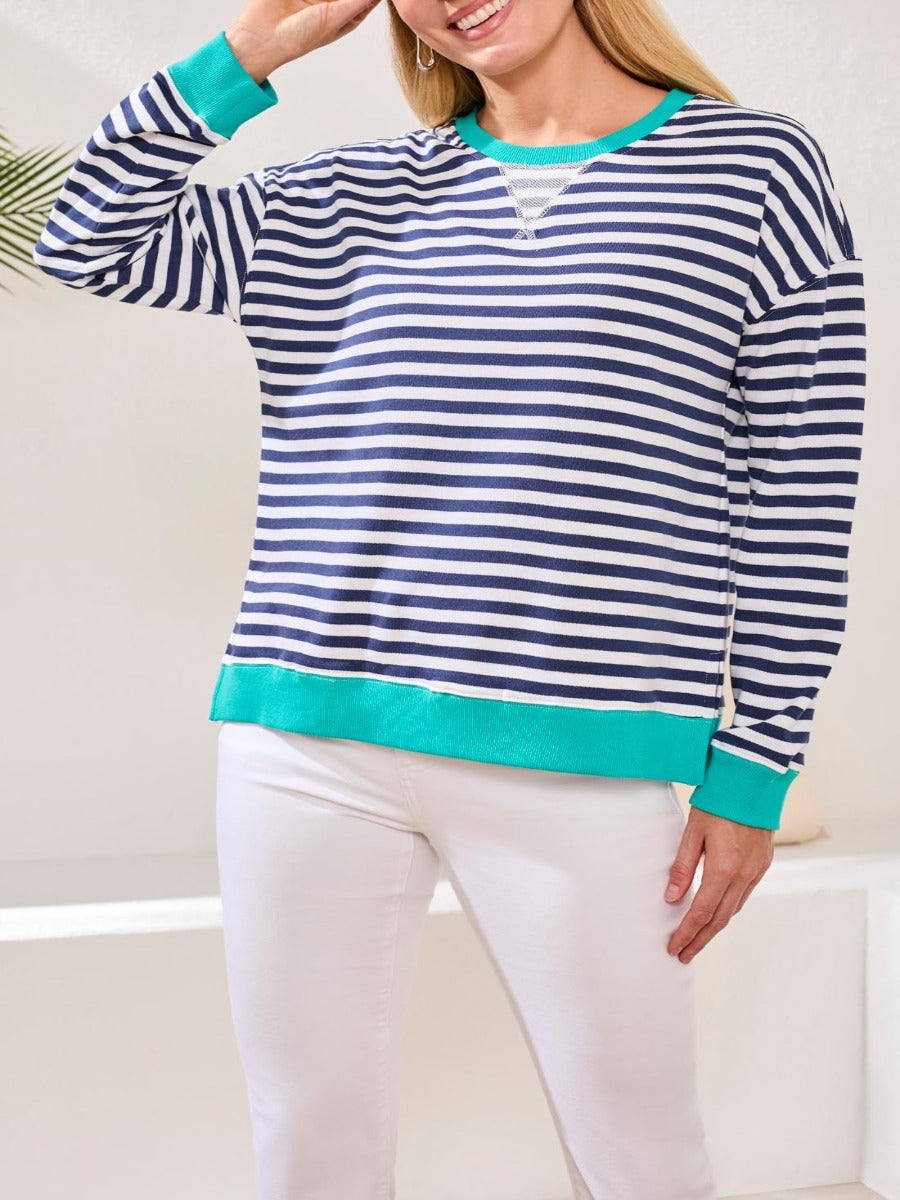 Tribal Freed Classic Stripe Crew Sweater by Tribal Sportswear Inc. with navy and white stripes and turquoise trim sweater