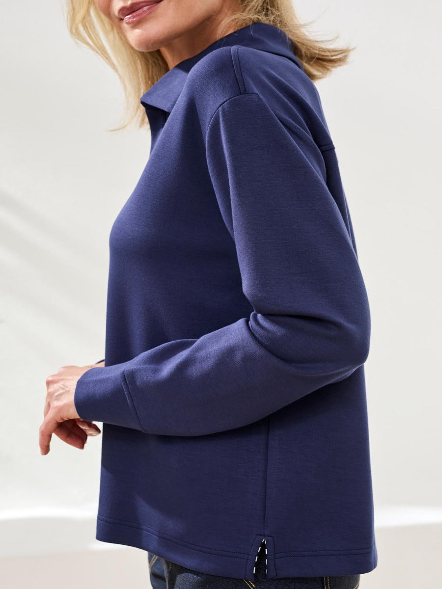 Navy long sleeve top with collar, featuring a relaxed fit by Tribal Sportswear Inc. Tribal Techno Lux Playful V-Neck Top