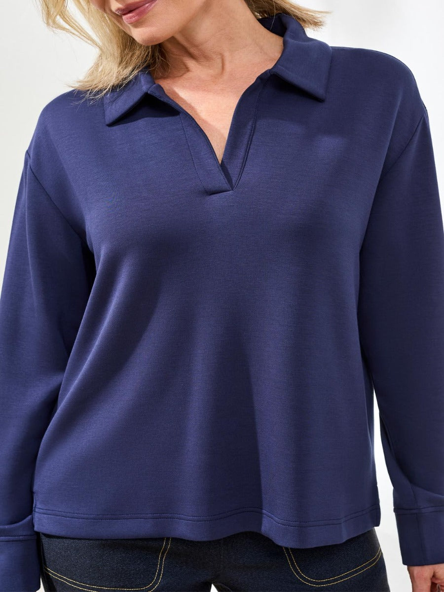 Tribal Techno Lux Playful V-Neck Top by Tribal Sportswear Inc., navy long-sleeve sweater with collar and relaxed fit