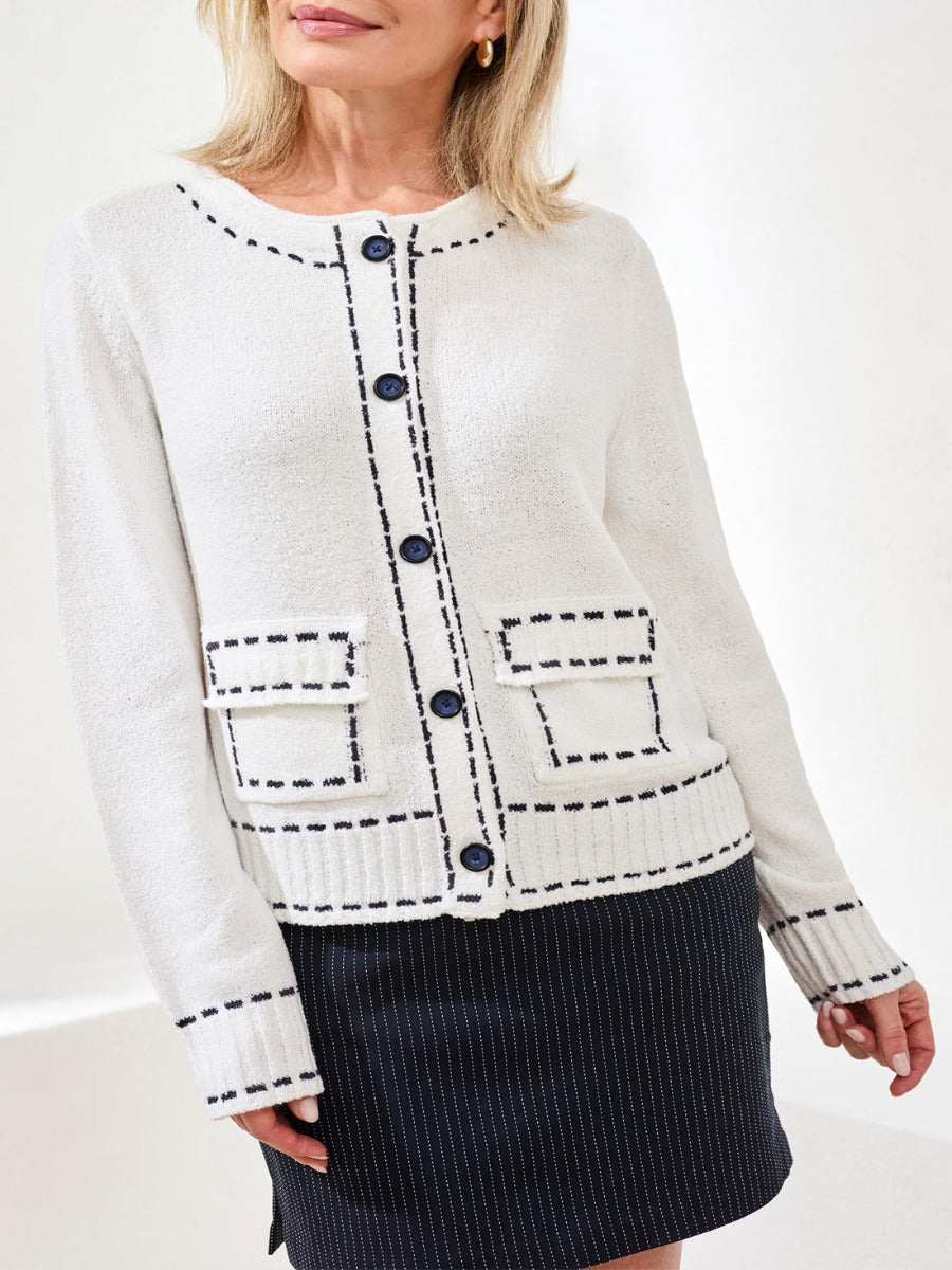 Tribal Playful Stitch Pocket Crew Cardigan in white with black stitching, a cozy sweater by Tribal Sportswear Inc.