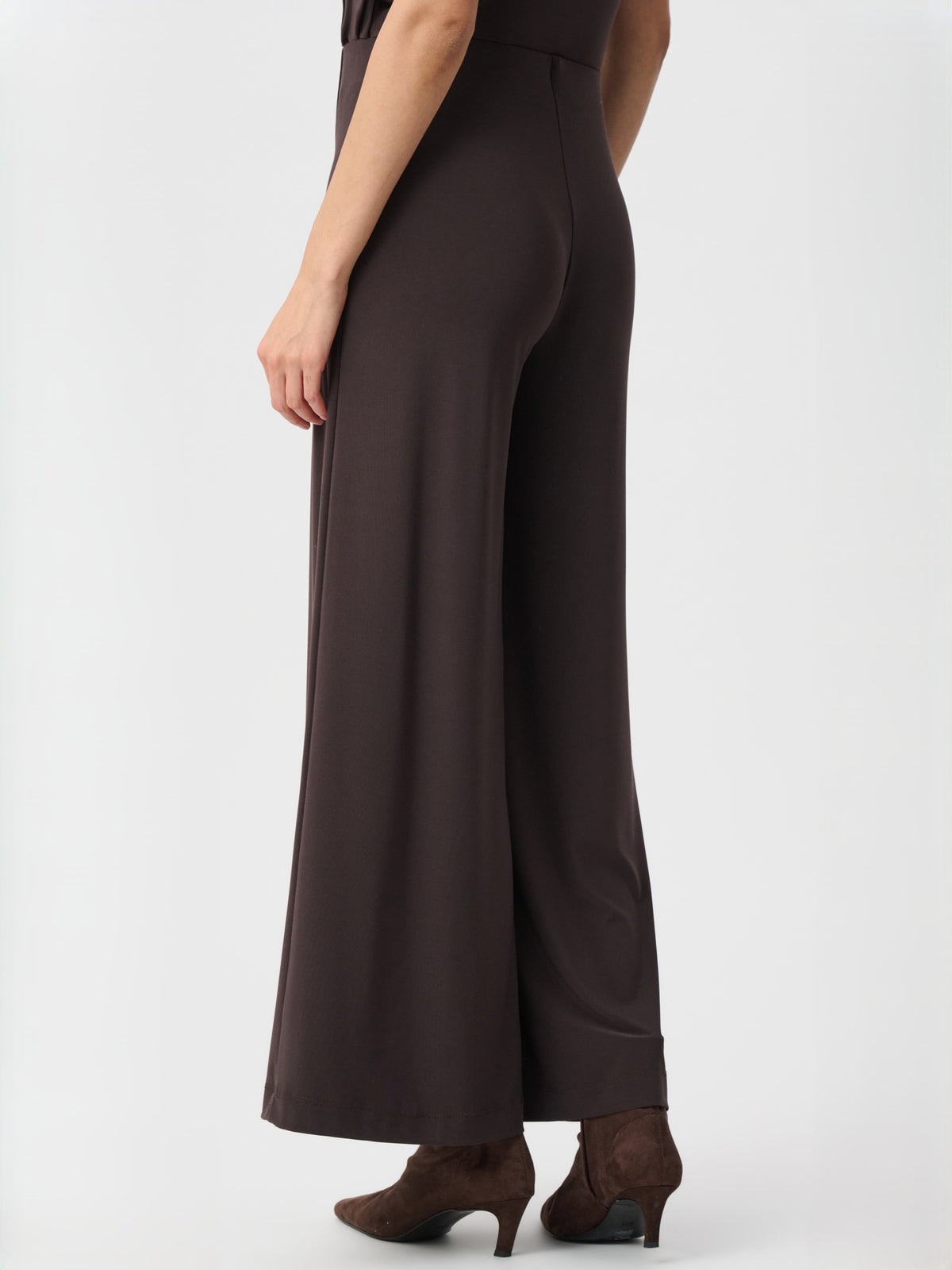 Joseph Ribkoff Polish Silky Knit 28" Wide Pant in dark brown with wide legs and silky knit fabric