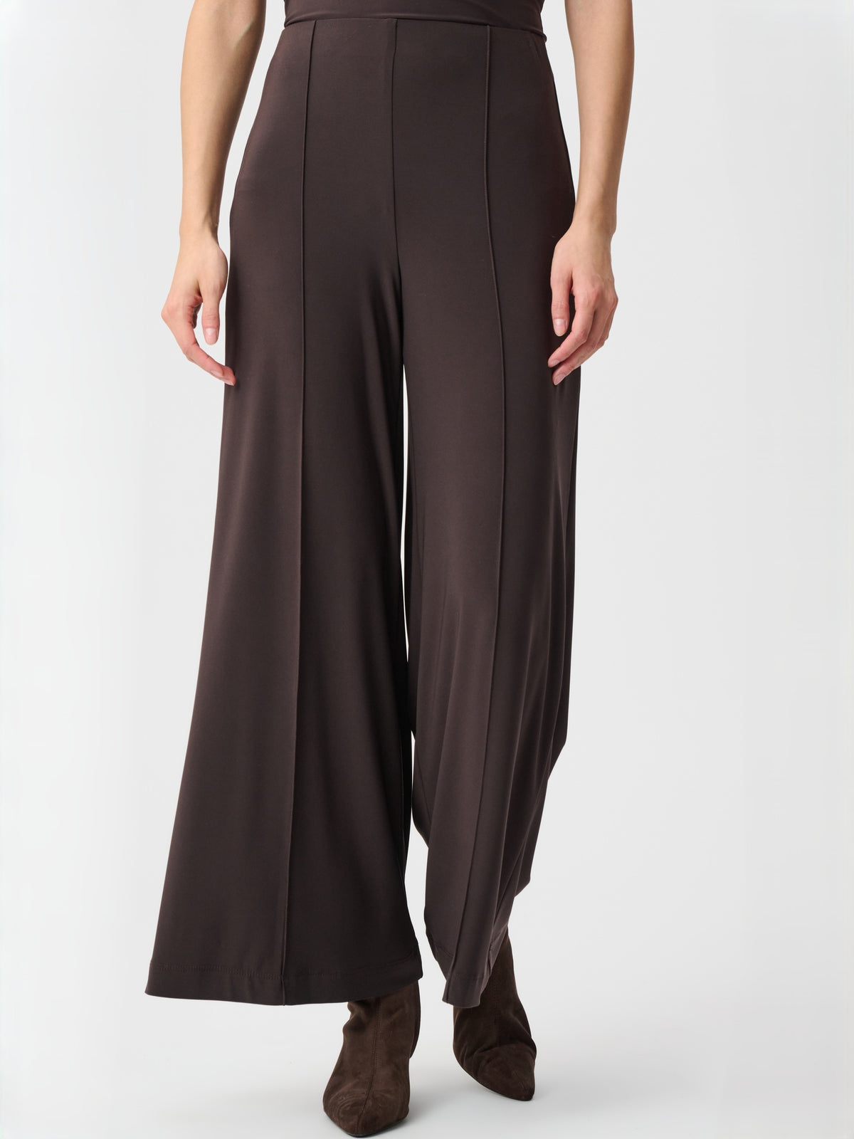 Joseph Ribkoff Polish Silky Knit 28" Wide Pant in dark brown, front view with wide-leg silhouette