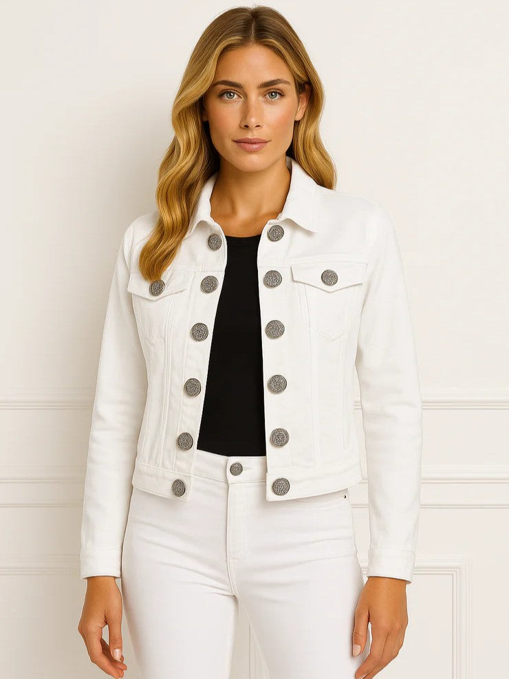 Orly Military Gold Button Denim Jacket in cream with gold buttons styled with black top and white pants from Orly brand