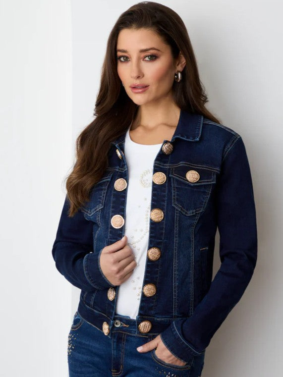 Orly Military Gold Button Denim Jacket in dark blue denim with prominent gold buttons on front and pockets.