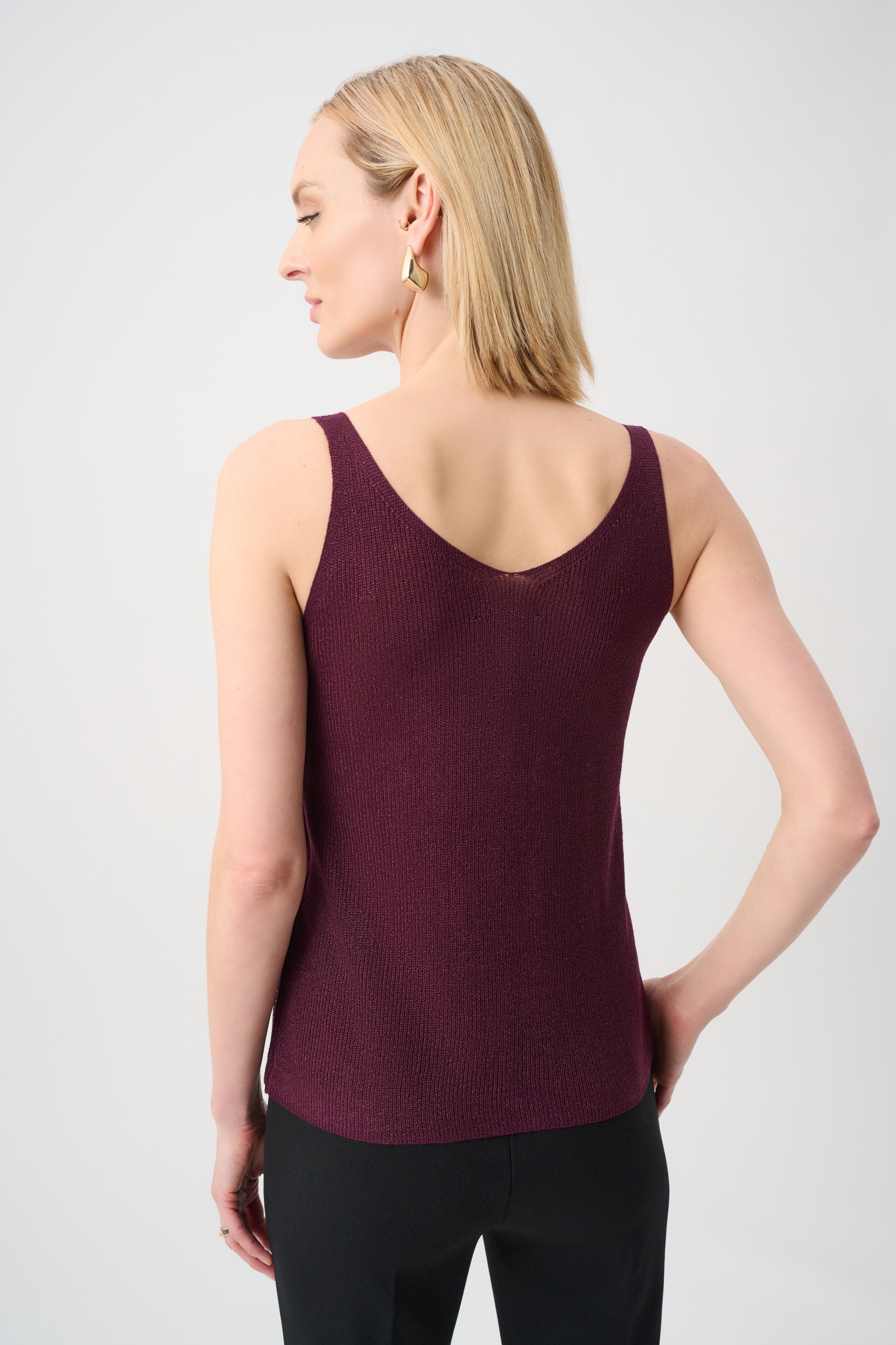 Joseph Ribkoff Dazzle Metallic Knit Top in deep berry color, sleeveless metallic knit fabric for elegant tops collection