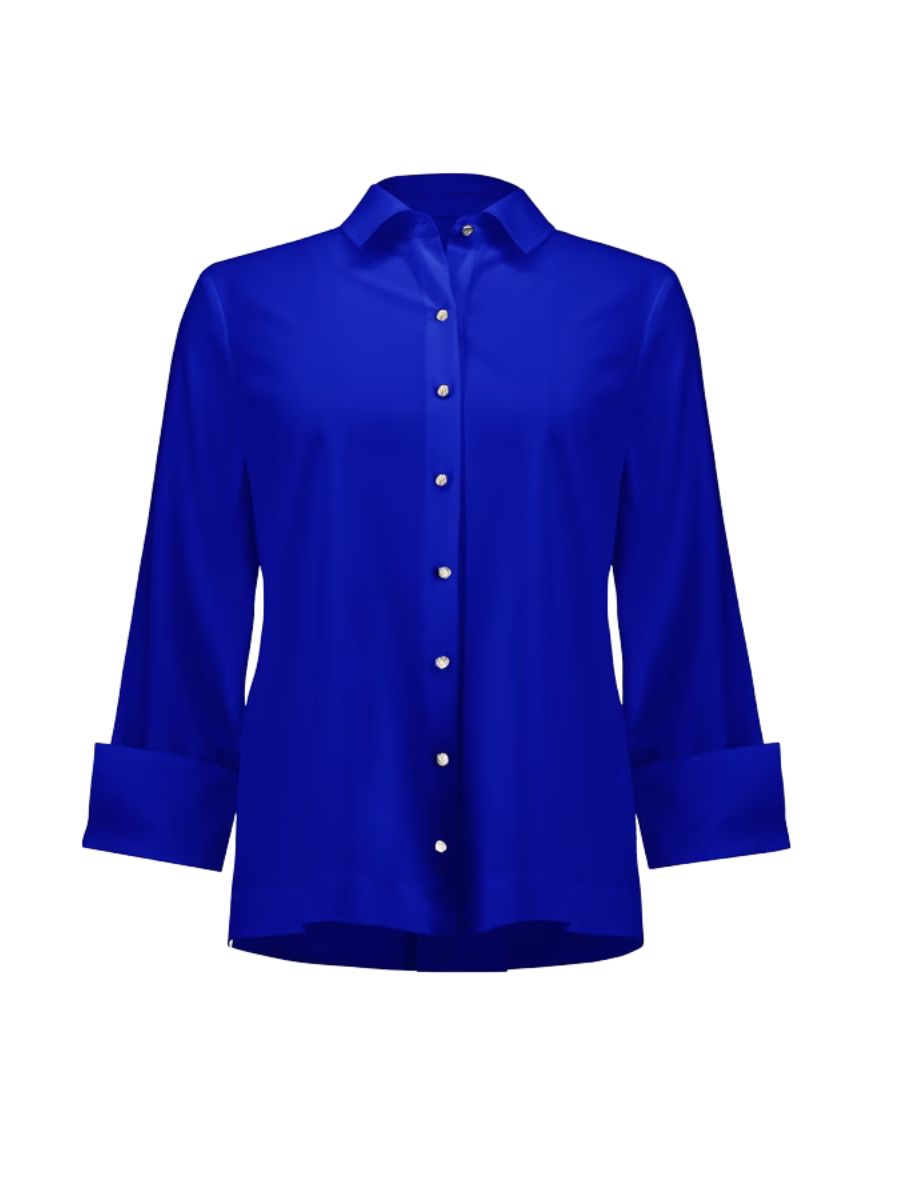 Bright blue long-sleeve button-up shirt with a collar and folded cuffs on a white background