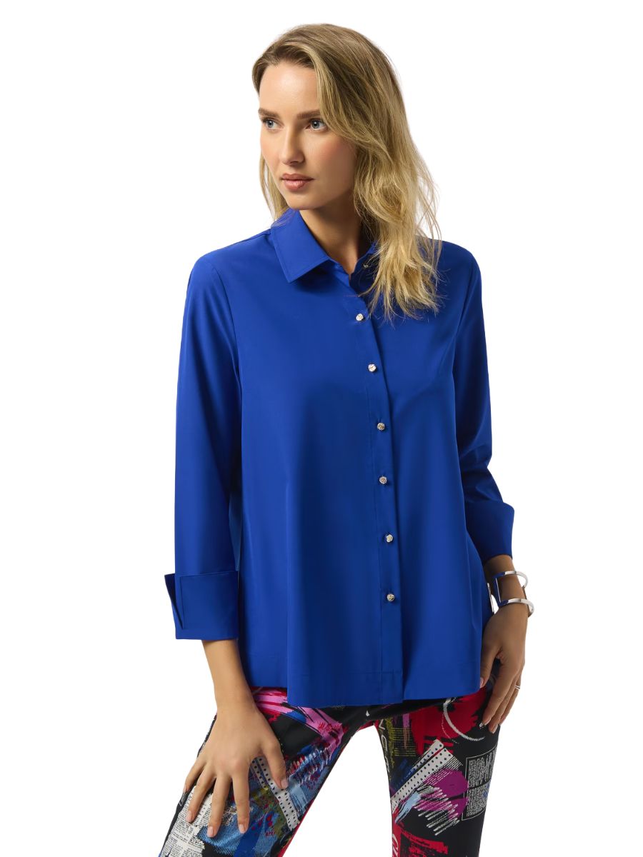 Blue button-front top with zip-on-back detail from Joseph Ribkoff Poplin Zip-On-Back Button Front Shirt collection