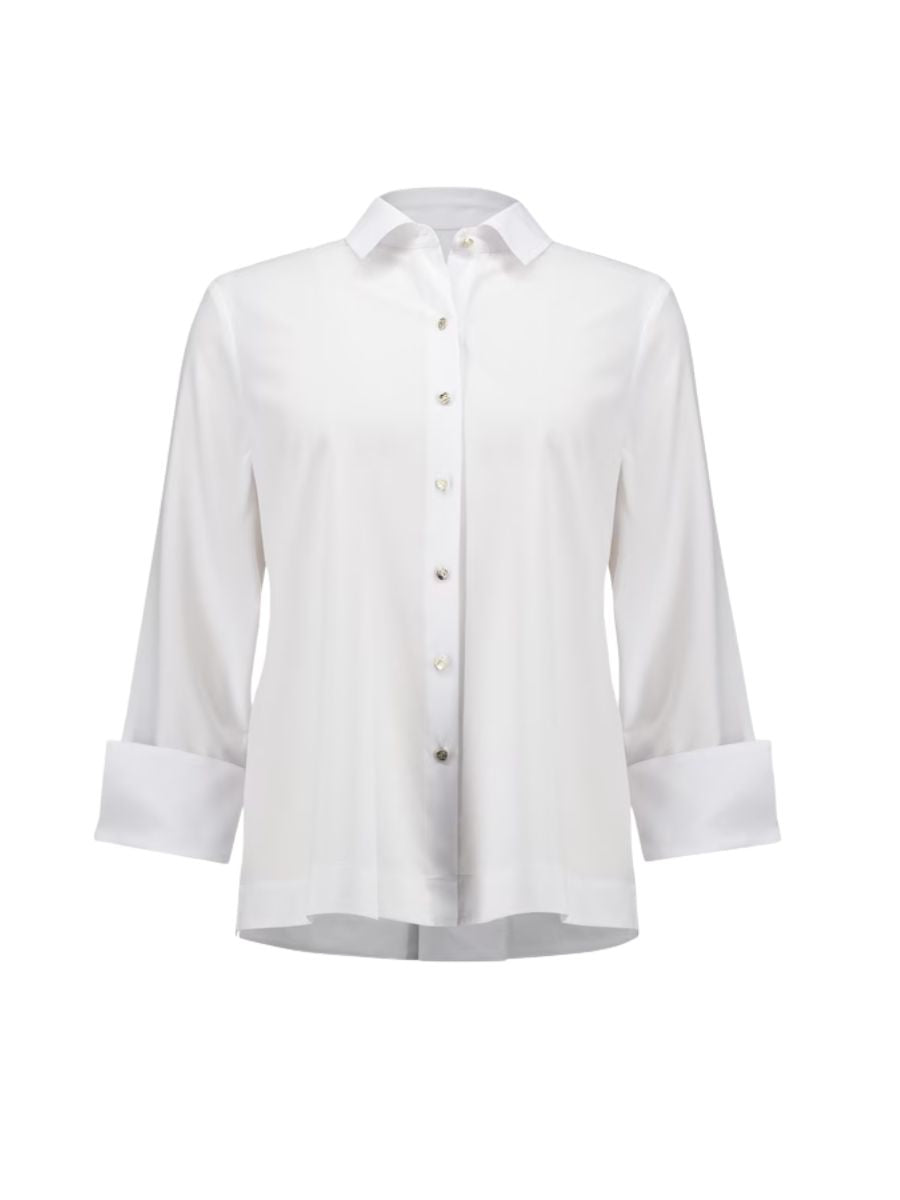 White button front top with zip-on-back detail and cuffed sleeves, Joseph Ribkoff Poplin Zip-On-Back Button Front Shirt