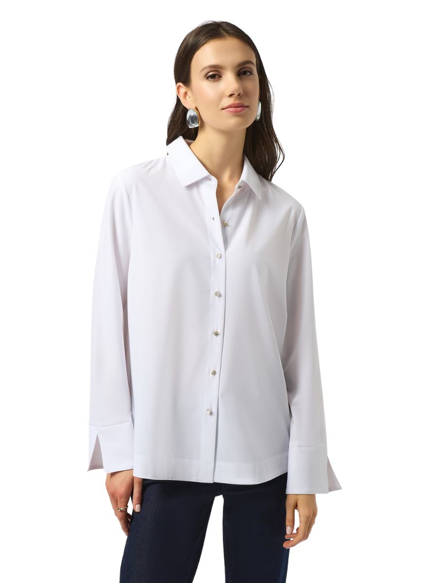 Joseph Ribkoff Poplin Zip-On-Back Button Front Shirt in white, styled with long sleeves and classic collar by Joseph Ribkoff