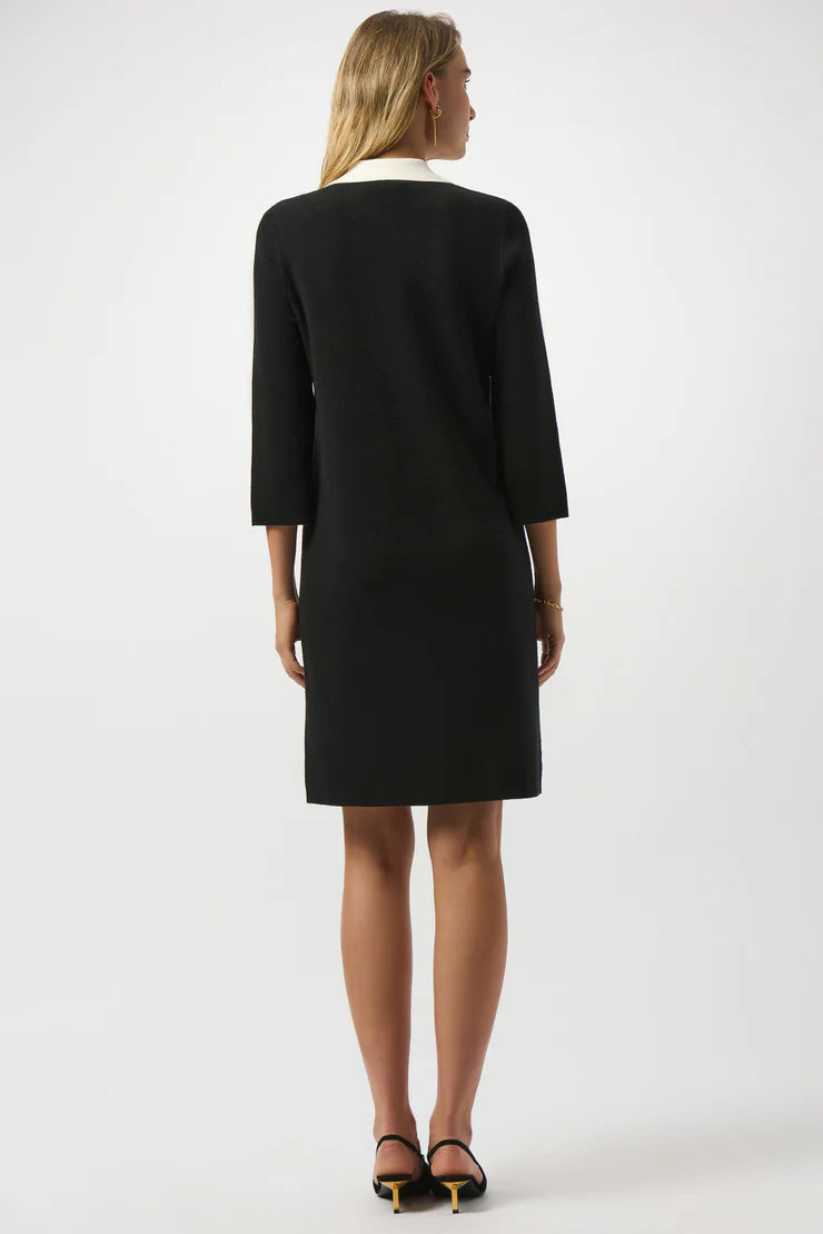 Back view of Joseph Ribkoff Contrast Pocket Knit Dress in black with white collar, paired with black heels by Joseph Ribkoff.