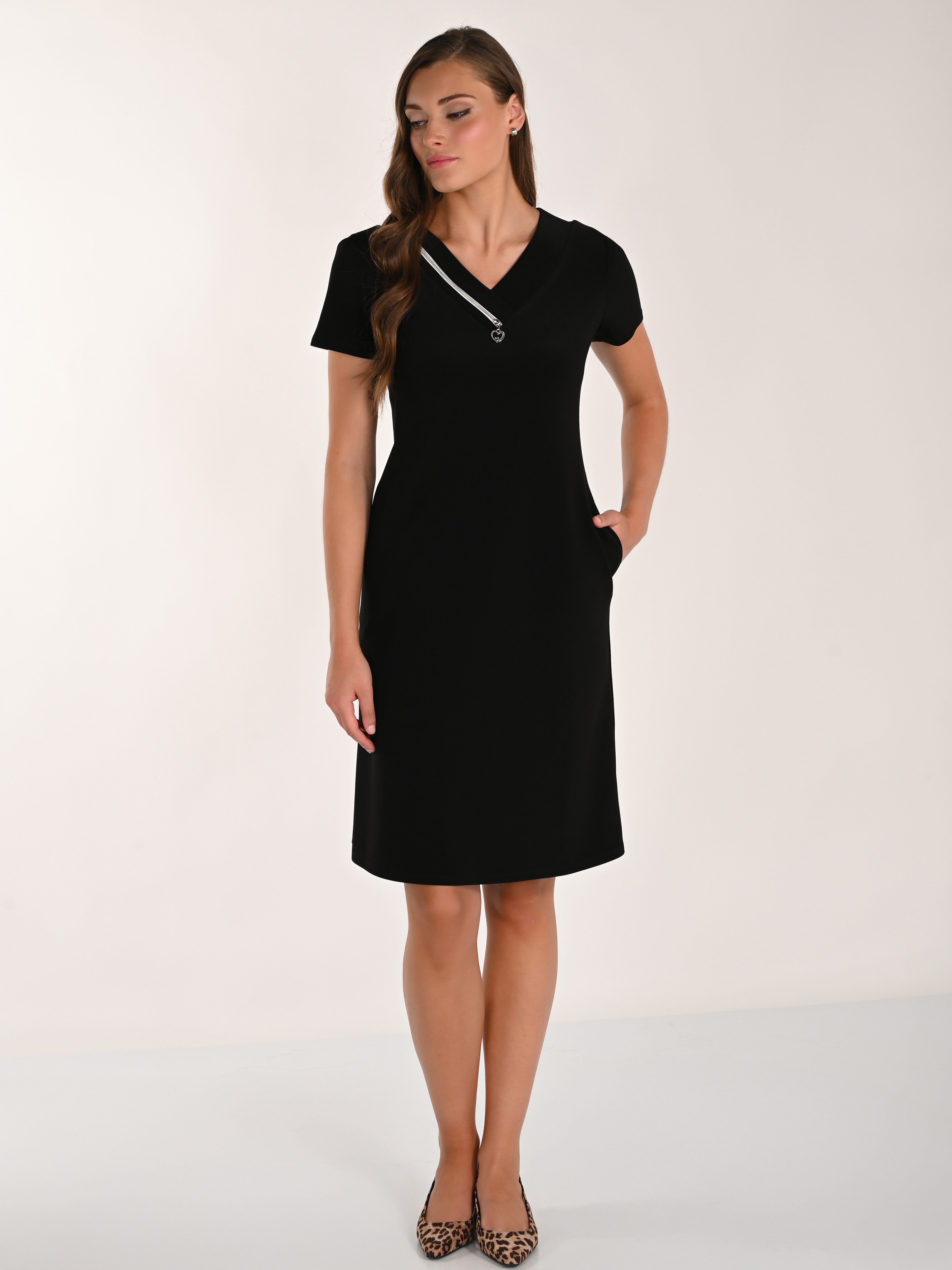 Frank Lyman Design Collar Zip Short Dress in black with short sleeves and subtle zipper detail on collar by Frank Lyman Design