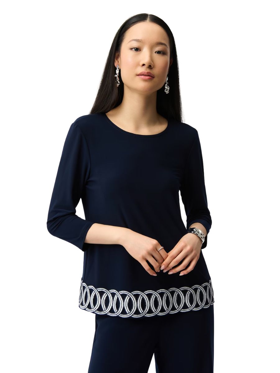 Joseph Ribkoff Suit and Tache 3/4 Sleeve Top in navy with circle embroidery, styled by Joseph Ribkoff.