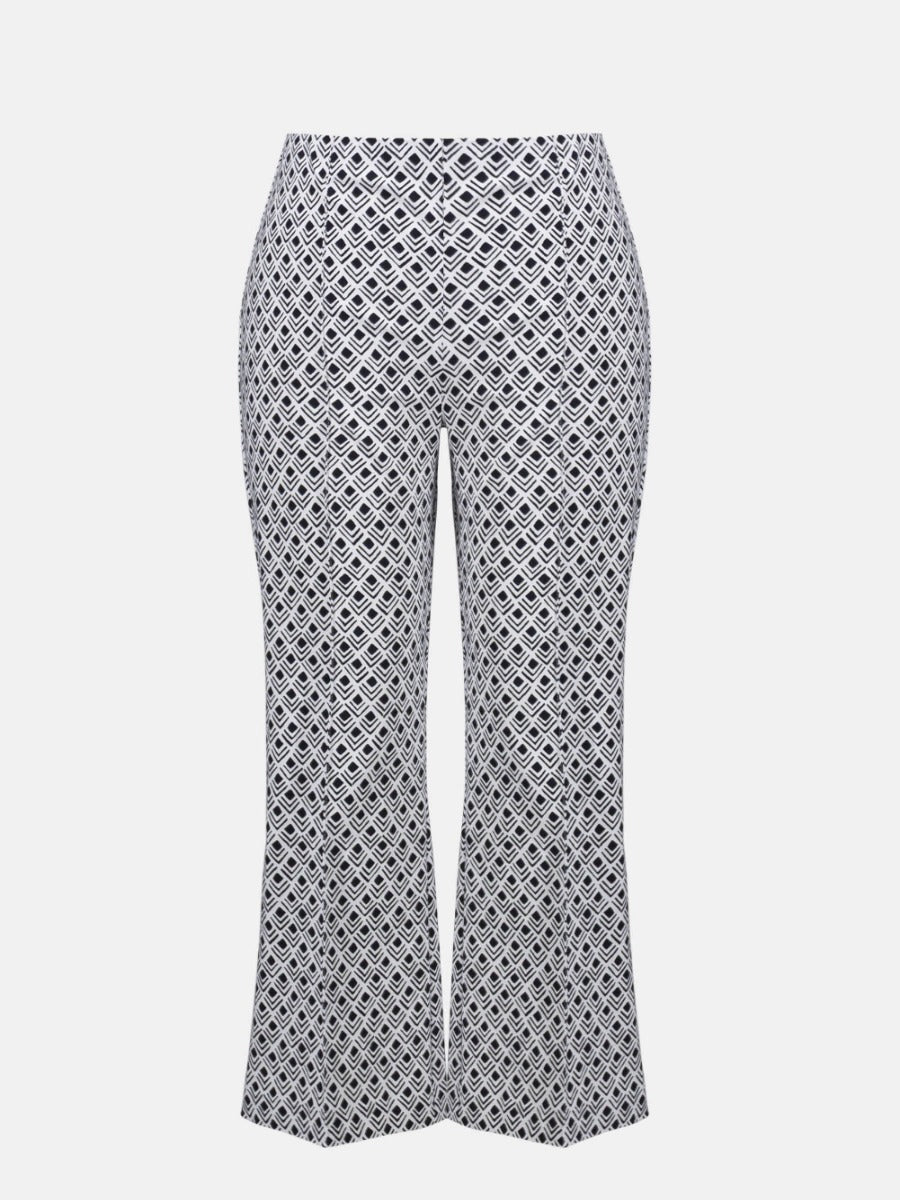 High-waisted black and white patterned wide-leg pants with a geometric chevron design.