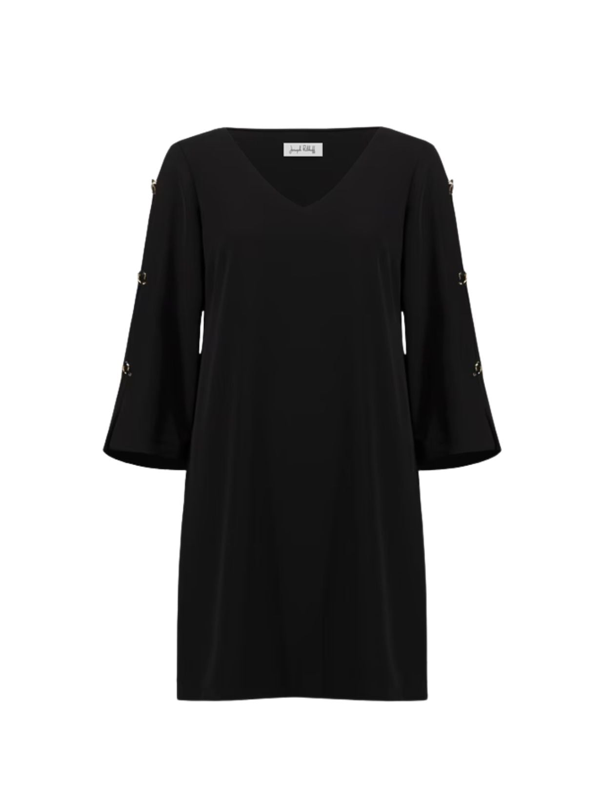 Black V-neck dress with long sleeves featuring decorative button details along the arms.