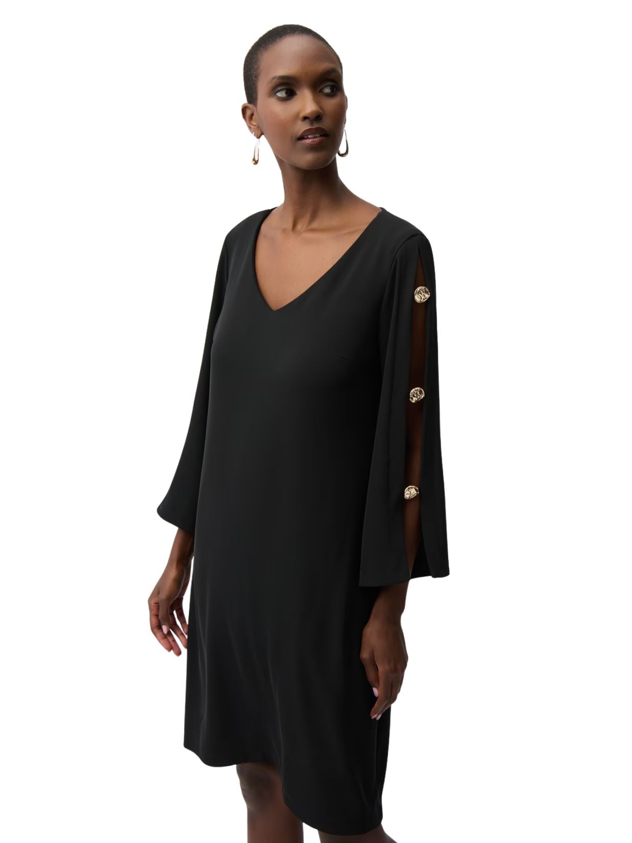 Elegant black Joseph Ribkoff Gold Open Button Sleeve V-Neck Dress featuring decorative gold buttons and a flowing silhouette.