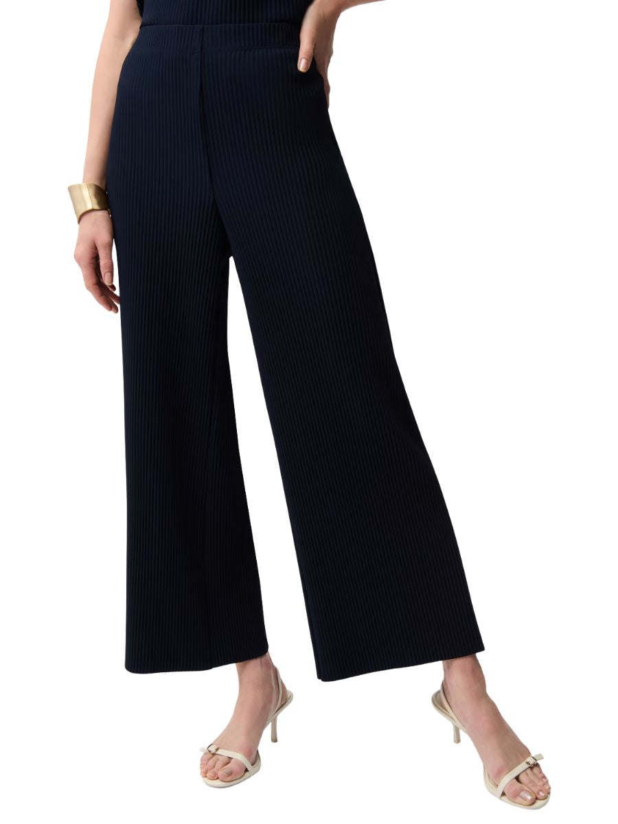 Joseph Ribkoff Crepe Pleated Pull-On 27" Pant in navy with wide legs styled with gold bracelet and white sandals