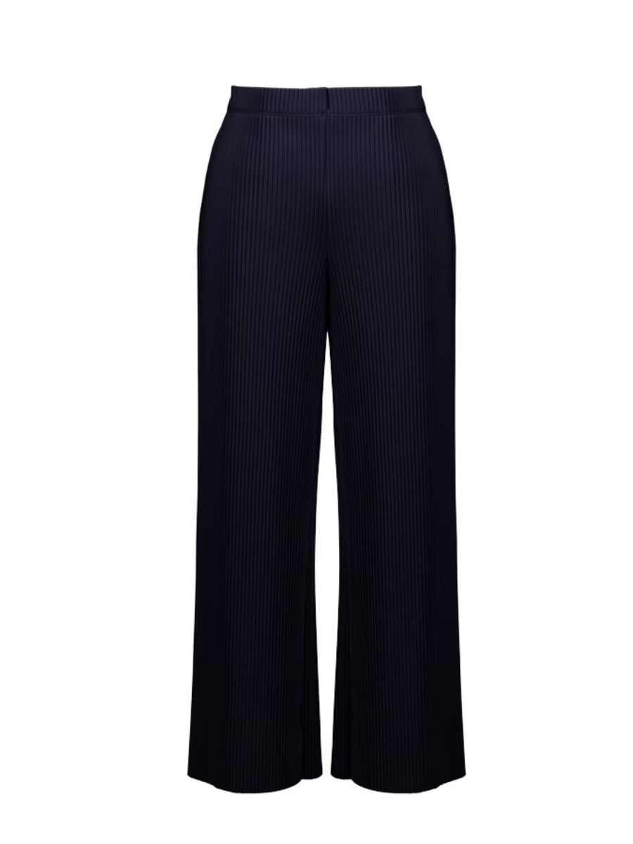 Joseph Ribkoff Crepe Pleated Pull-On 27" Pant in navy with wide leg and textured pleated crepe fabric by Joseph Ribkoff.