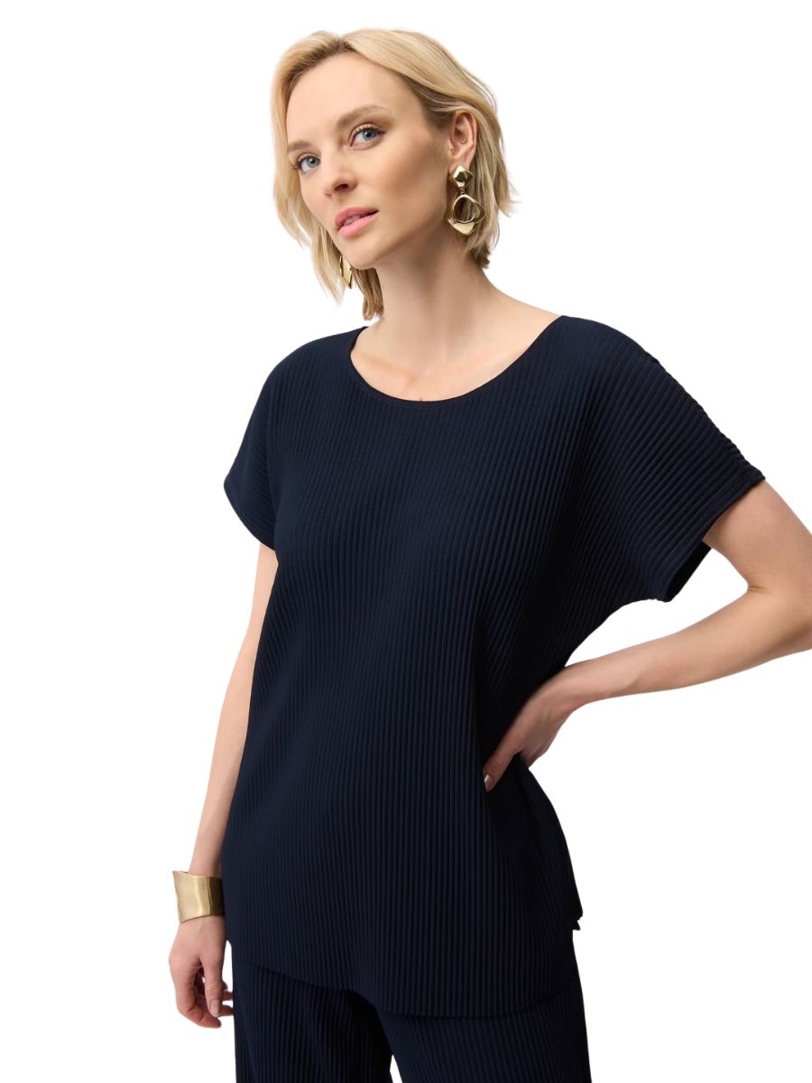 Elegant navy Joseph Ribkoff Crepe Pleated Boxy Short Sleeve Top styled with gold earrings and cuff bracelet
