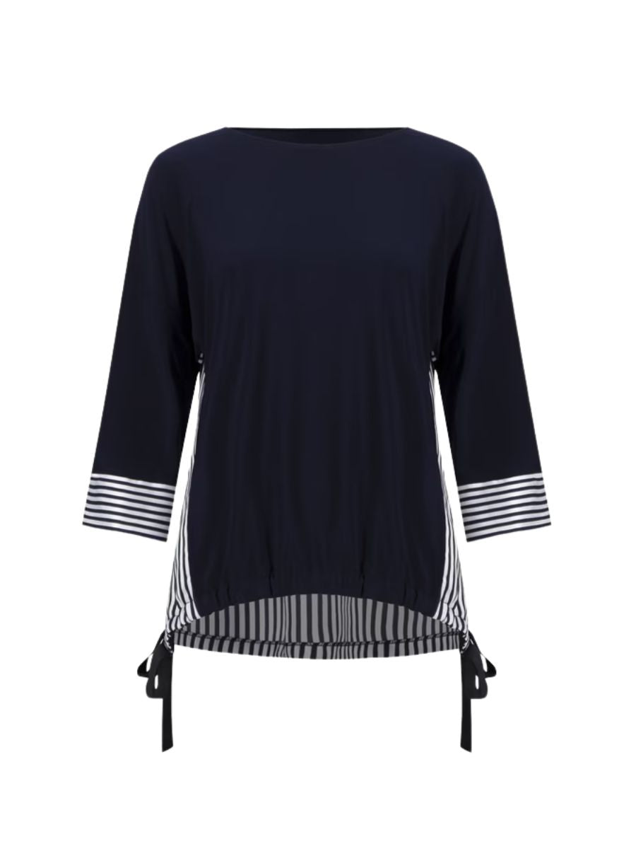 Navy blue long sleeve top with striped cuffs and hem, featuring side ties and vertical striped panels.