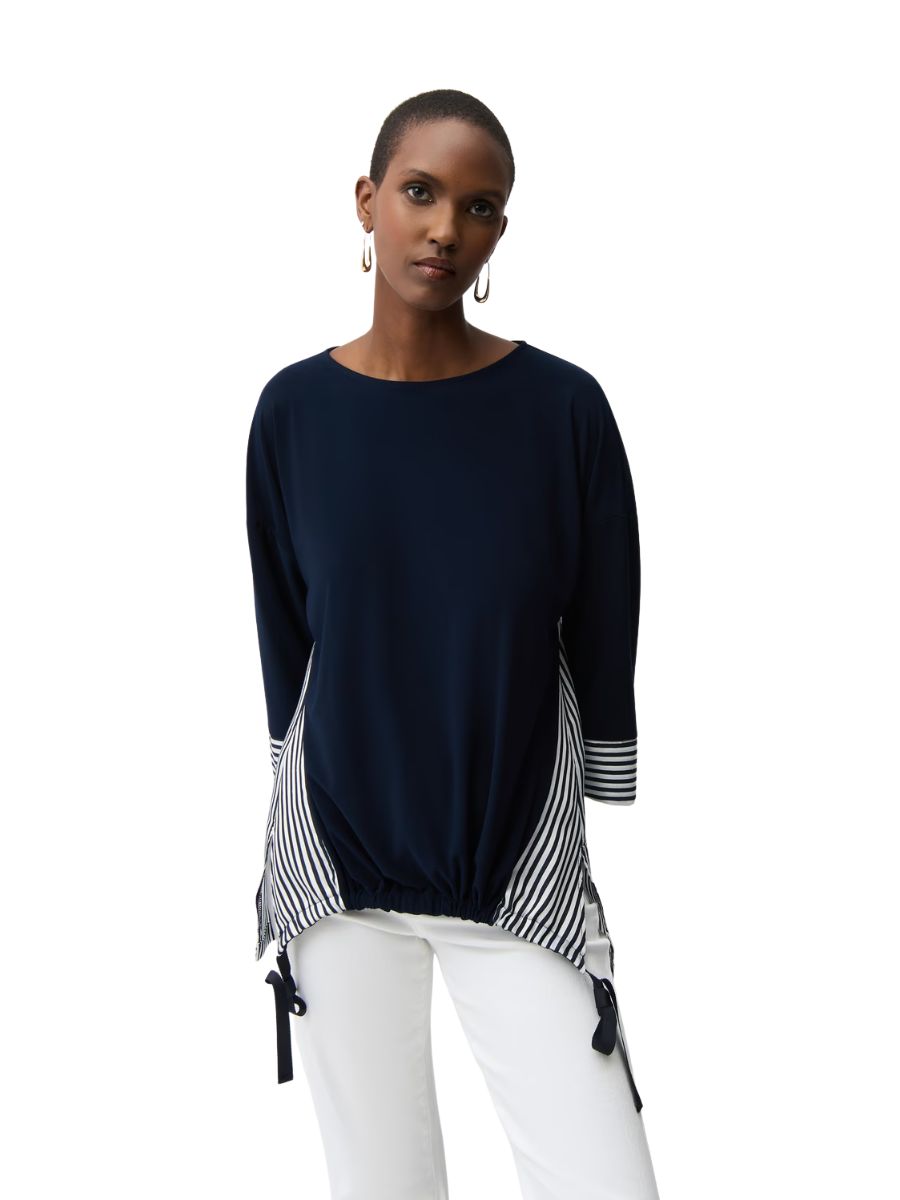Joseph Ribkoff Lines and Linen Asymmetric Top in navy with striped accents, designed by Joseph Ribkoff, stylish top for women