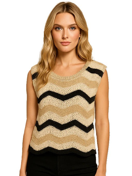 Orly Chevron Wave Crochet Sleeveless Top in beige and black with textured chevron knit pattern on a model