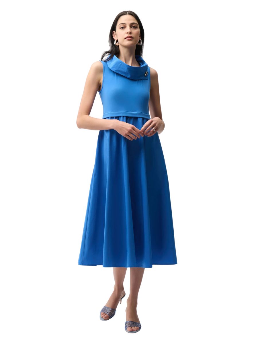 Elegant blue sleeveless dress with buttoned cowl neck, Joseph Ribkoff Silky Memory Sleeveless Button Cowl Dress