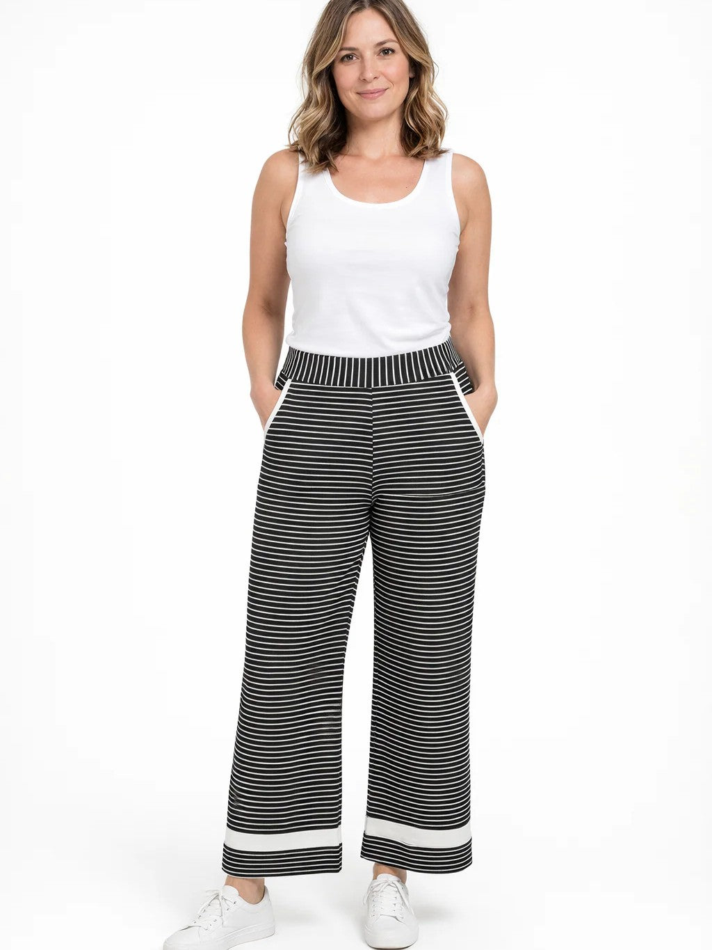 Orly Daisy Stripe Pull-On Cropped Pants in black and white stripe with wide leg and elastic waistband by Orly