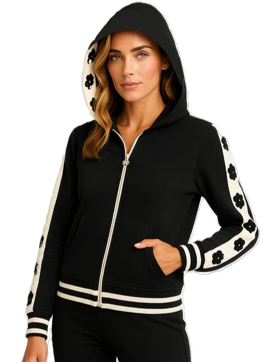 Orly Daisy Tuxedo Zip Front Hoodie with Contrast Panels in black with floral stripe detailing on sleeves and hood lining