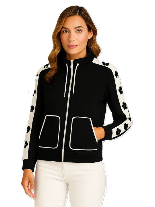 Orly Daisy Long Sleeve Zip-Up Jacket in black with floral stripe detailing and front pockets by Orly outerwear