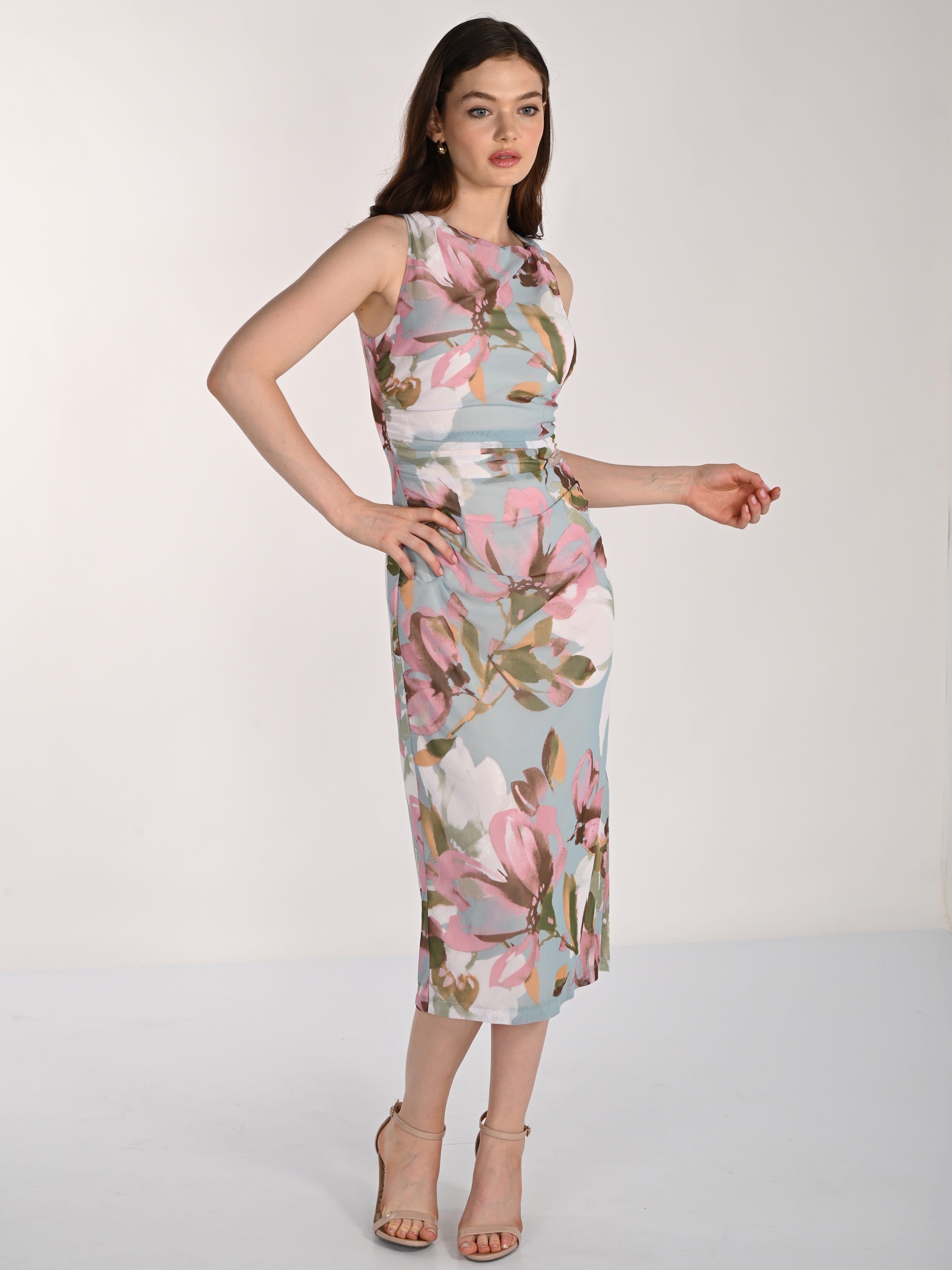 Frank Lyman Design Emma Ruched Twist Bodice Sleeveless Midi Dress in floral pastel colors by Frank Lyman Design