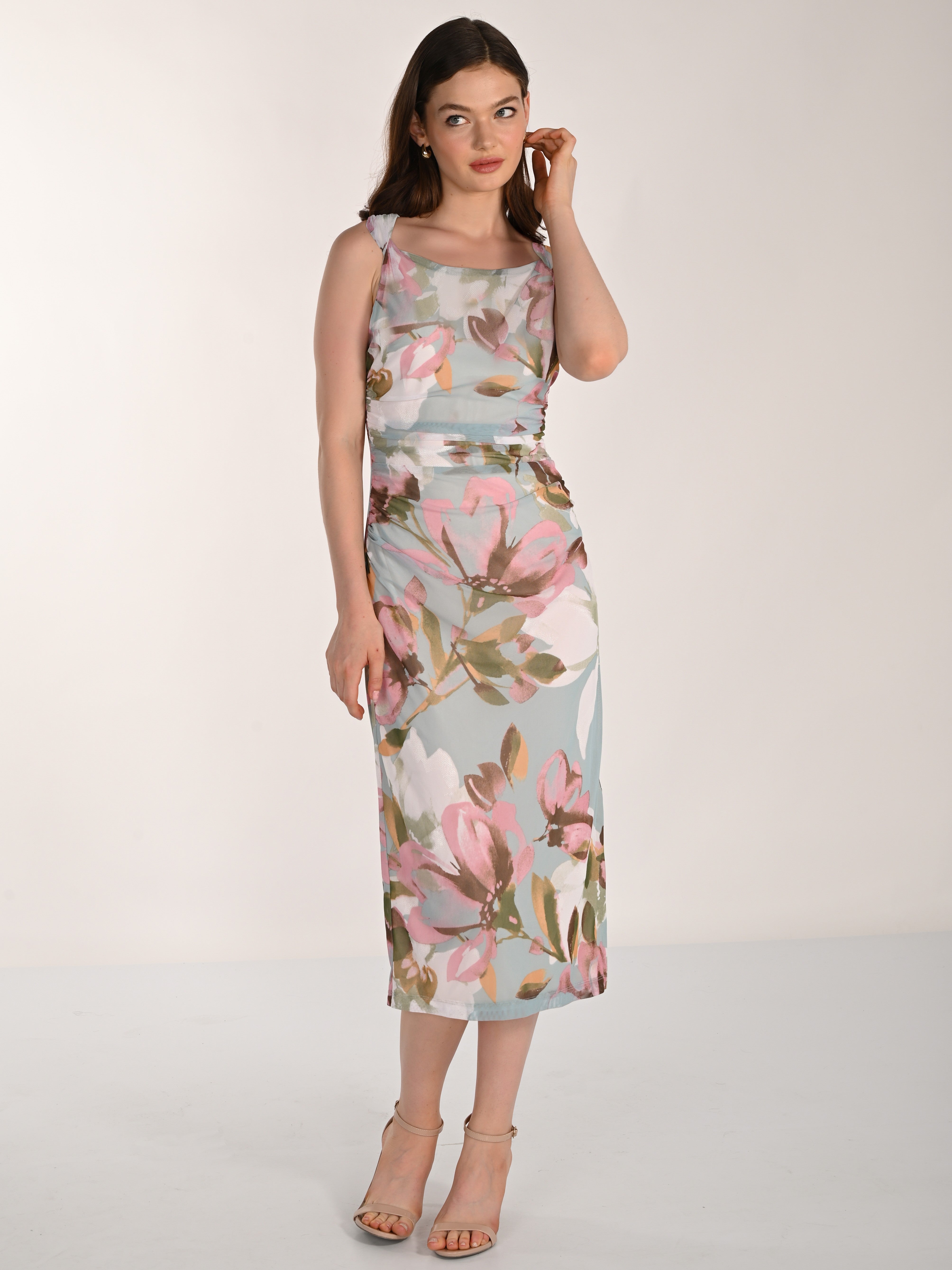 Frank Lyman Design Emma Ruched Twist Bodice Sleeveless Midi Dress in floral seafoam and pastel colors by Frank Lyman Design