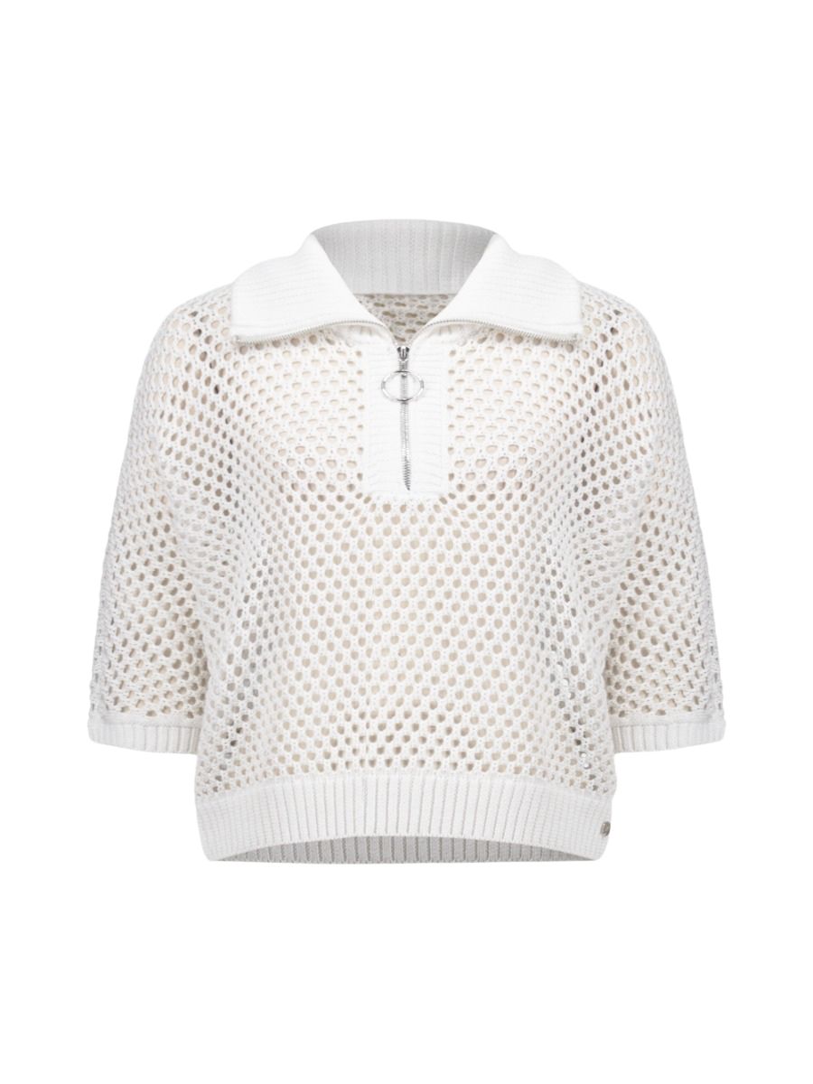 White knit sweater with short sleeves, a ring zipper, and a wide collar, featuring a breathable open-weave pattern.