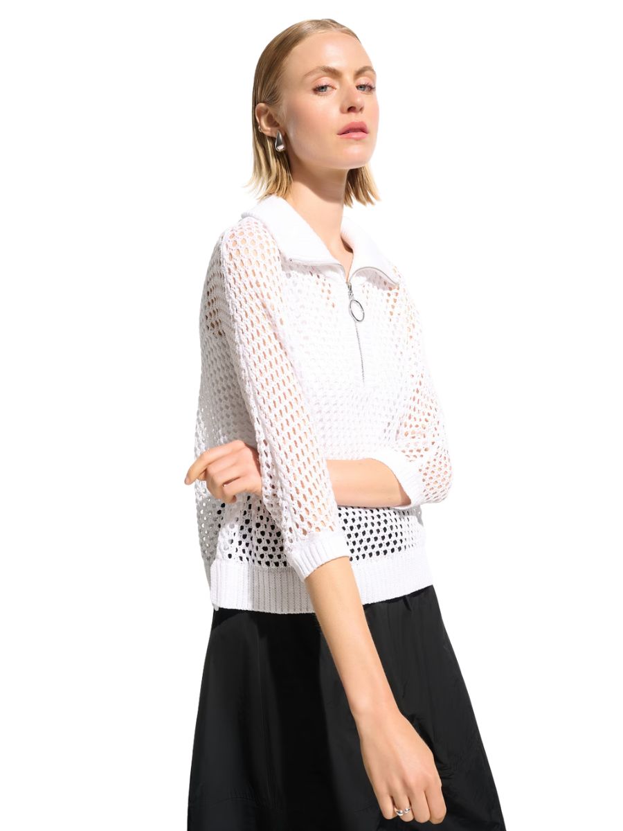 Joseph Ribkoff Leisure Open Knit 1/4 Zipper Knit Top in white by Joseph Ribkoff with mesh detailing and collar