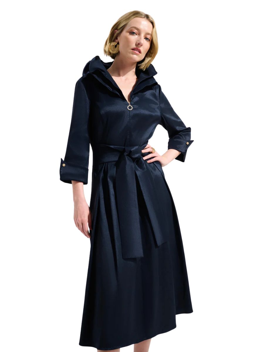 Elegant navy Joseph Ribkoff New Taffeta Dress with a belted waist and three-quarter sleeves by Joseph Ribkoff.