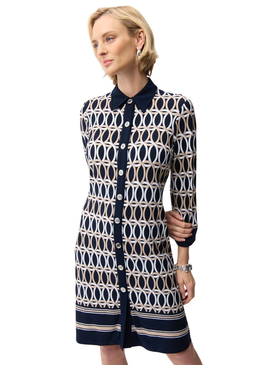 Joseph Ribkoff Retro Geometric Border Shirt Dress in navy with bold pattern and button-down front by Joseph Ribkoff