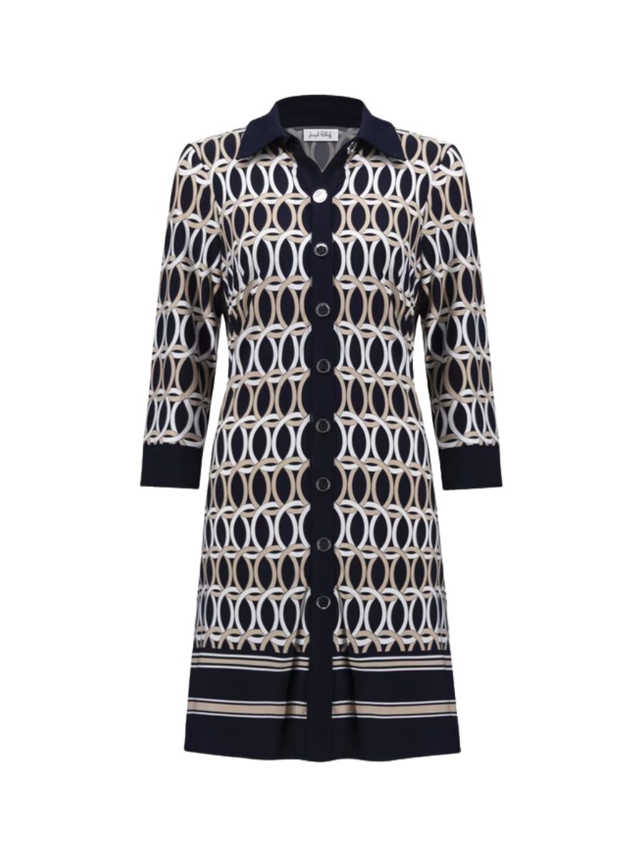 Joseph Ribkoff Retro Geometric Border Shirt Dress in navy with three-quarter sleeves and button front by Joseph Ribkoff