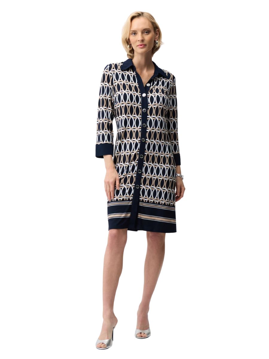 Elegant navy and cream patterned Joseph Ribkoff Retro Geometric Border Shirt Dress with 3/4 sleeves and button front closure