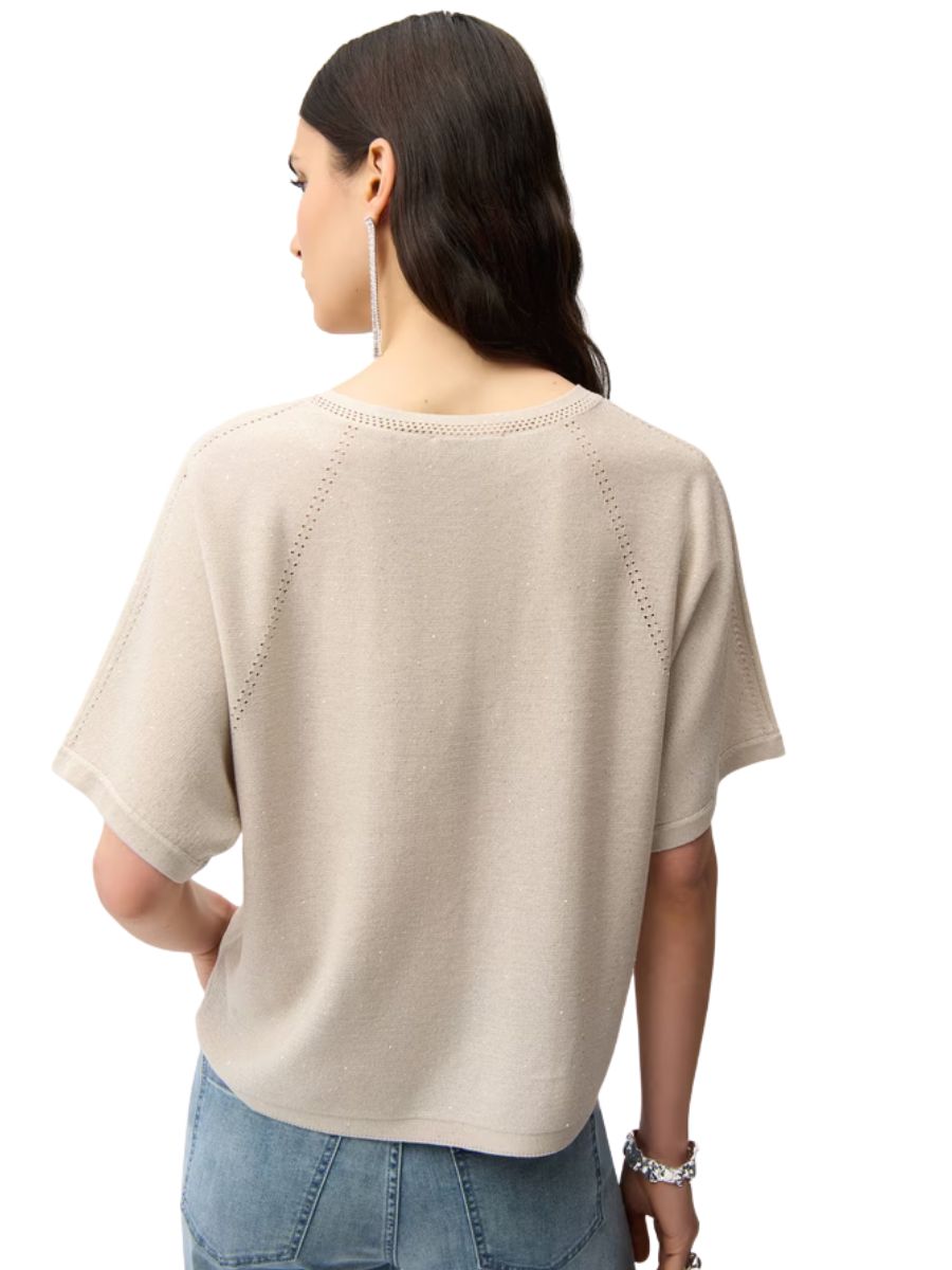 Back view of beige Joseph Ribkoff Softly Sequined Short Sleeve Sweater paired with casual denim jeans