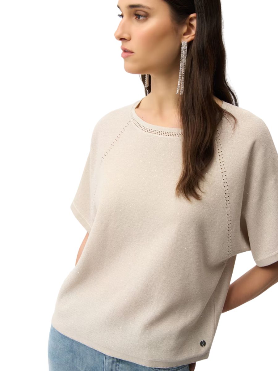 Joseph Ribkoff Softly Sequined Short Sleeve Sweater in beige with delicate sequin details and relaxed fit by Joseph Ribkoff