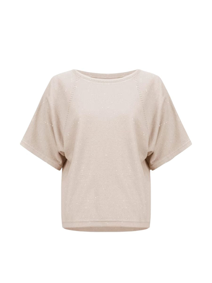 Beige softly sequined short sleeve sweater by Joseph Ribkoff, a stylish and elegant lightweight top.