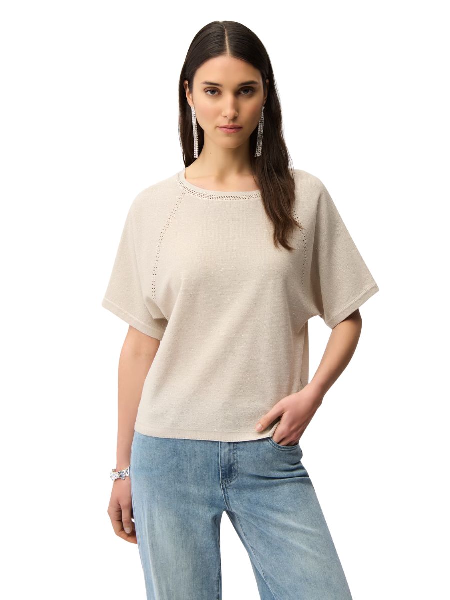 Joseph Ribkoff Softly Sequined Short Sleeve Sweater in beige paired with casual blue denim jeans