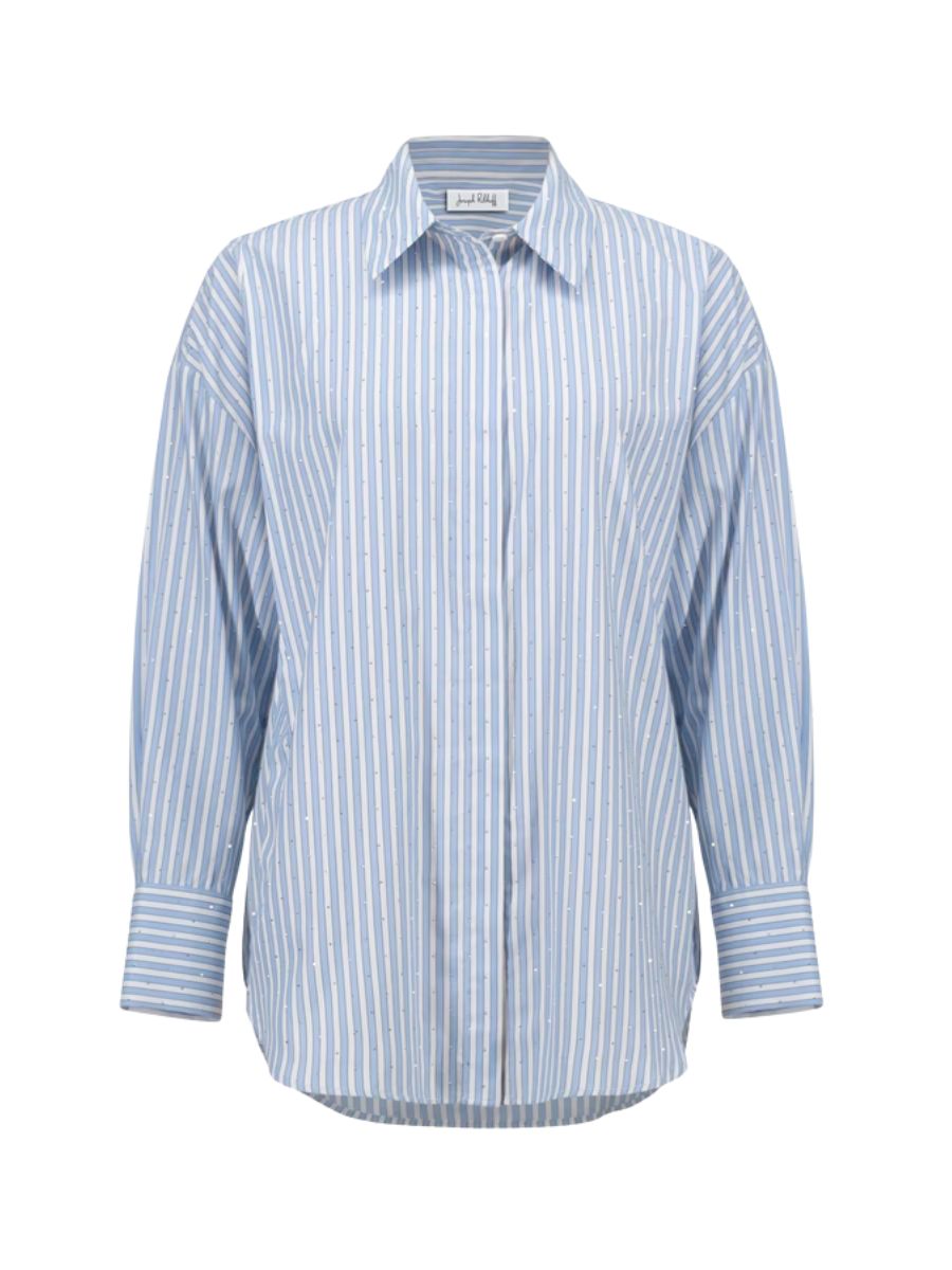 Light blue and white vertically striped long-sleeve button-up shirt with a collar and cuffed sleeves.